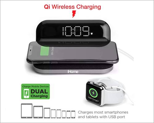 iHome Wireless Charging Pad with Digital Alarm Clock
